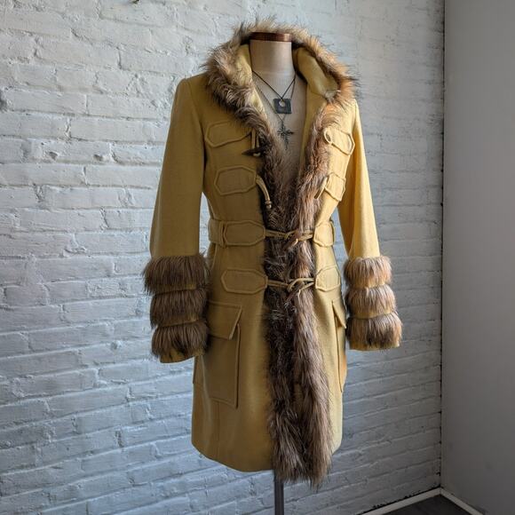 Vintage Yellow Wool Trench Coat Groovy Penny Lane Jacket Faux Fur Coat Medium - Picture 2 of 10